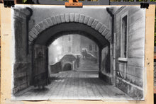 Load image into Gallery viewer, the actual Charcoal drawing with some pastel: A ghostly figure in the traditional Venetian black hat and cape, called the &#39;Tabarro&#39; in Italian, approaches the Ponte Canal [canal bridge] in Venezia (Venice, Italy)
