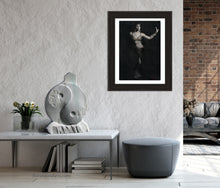 Load image into Gallery viewer, Mock-up of marble sculpture Yin Yang in an elegant  bathroom with grey stone tile, making a lovely background for a white marble sculpture by Kelly Borsheim, also shown, print of sold charcoal drawing Attitude, belly dancer woman
