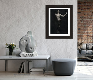 Mock-up of marble sculpture Yin Yang in an elegant  bathroom with grey stone tile, making a lovely background for a white marble sculpture by Kelly Borsheim, also shown, print of sold charcoal drawing Attitude, belly dancer woman