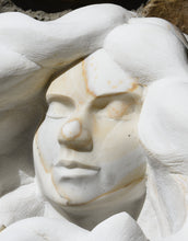 Load image into Gallery viewer, Face detail from right Serenity Marble sculpture portrait of a serene woman with flowing locks of wavy hair marble art