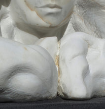 Load image into Gallery viewer, Detail of the crack in the marble that separates the hair forms where they meet.  Serenity marble portrait of a woman by Kelly Borsheim