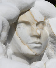Load image into Gallery viewer, Detail of face from left Marble sculpture portrait of a serene woman with flowing locks of wavy hair Serenity marble art
