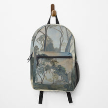 Load image into Gallery viewer, Backpack Zaino - BorsheimArts on Redbubble. Tasmania in the Clouds on clothing and home decor items by artist Kelly Borsheim