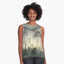 Load image into Gallery viewer, Sleeveless shirt art tasmania BorsheimArts on Redbubble. Tasmania in the Clouds on clothing and home decor items by artist Kelly Borsheim