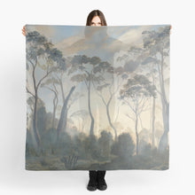 Load image into Gallery viewer, lovely scarf of landscape painting - BorsheimArts on Redbubble. Tasmania in the Clouds on clothing and home decor items by artist Kelly Borsheim

