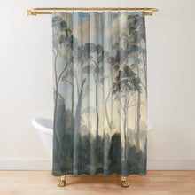 Load image into Gallery viewer, shower curtain with art on it - BorsheimArts on Redbubble. Tasmania in the Clouds on clothing and home decor items by artist Kelly Borsheim