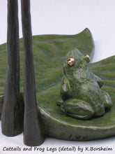 Charger l'image dans la galerie, Curious frog on lilypad Detail images of the bronze sculpture, Cattails and Frog Legs