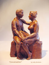 Load image into Gallery viewer, Conversation, a ceramic sculpture of a man and woman haGreat romantic gift of original art, Conversation, a ceramic sculpture of a man and woman having a heart-to-heart discussion.
