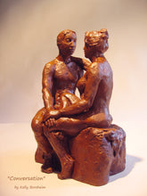 Load image into Gallery viewer, another view of Conversation, a ceramic sculpture of a man and woman having a heart to heart discussion. Great romantic gift of original art
