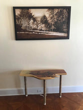 Laden Sie das Bild in den Galerie-Viewer, Monochromatic landscape oil painting looks great in this mostly warm neutral room decor. Shown with wood table made by another artist.