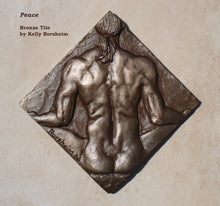 將圖片載入圖庫檢視器 Peace Nude Man sitting in a meditation / yoga pose, as seen from the back of the man, modelled in clay shown in Bronze Tile Diamond Shape