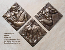將圖片載入圖庫檢視器 These solid bronze tiles were designed for a bathroom.  They are an open series, with each bronze tile being cast individually, with a diamond shape if hung vertically.  They are signed and the numbers are either on the backs or the sides.  They are titled individually:  Peace, Tranquillity, and Vivacity.