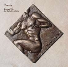 將圖片載入圖庫檢視器 Vivacity Nude Man Bronze Tile Diamond Shape, torso bas-relief sculpture of a man running while looking behind him.