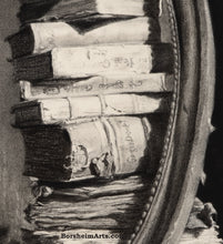 Load image into Gallery viewer, Detail Library of Dreams Tower of Old Books Stack of Books Fine Art Print Black and White or Sepia Art PRINT of Charcoal Drawing Pile of Books
