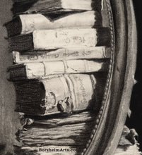 Carica l'immagine nel visualizzatore di Gallery, Detail Library of Dreams Tower of Old Books Stack of Books Fine Art Print Black and White or Sepia Art PRINT of Charcoal Drawing Pile of Books