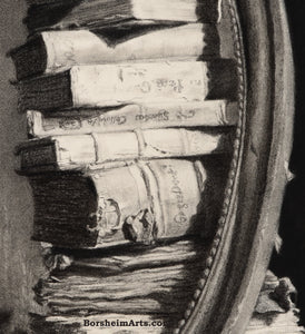 Detail Library of Dreams Tower of Old Books Stack of Books Fine Art Print Black and White or Sepia Art PRINT of Charcoal Drawing Pile of Books
