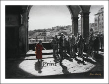Cargar imagen en el visor de la galería, Ponte Vecchio Florence Italy Bridge People Beggar Woman Backlit Scene Tuscany Fine Art PRINT Begging Woman Tourist Print