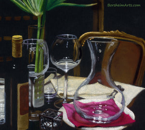 Detail of Pastel on black paper A Night's Promise Home Table Setting for TWO Wine Transparent glass Palm Romantic - ORIGINAL Pastel Drawing Black Paper