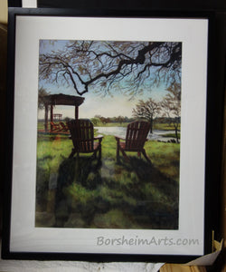 Framed Morning Light at the Vineyard - Florence, Texas Sun Chairs Relax Lake View - ORIGINAL Pastel Painting