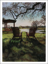 將圖片載入圖庫檢視器 Relaxing Two Adirondack Chairs Countryside Morning Light at the Vineyard Florence Texas Lake View Backlit Landscape Retirement Gift Fine Art PRINT