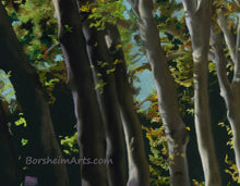 Load image into Gallery viewer, Detail of trees Row of Trees Fine Art Print Tree-lined Road Public Garden Florence Italy Tuscany Fine Art PRINT for Home Pastel Painting black paper
