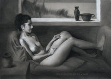 將圖片載入圖庫檢視器 Daydreaming of Yesterday Female Nude Drawing Charcoal Pastel Bedroom Decor Original Art Seated Woman