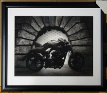 Load image into Gallery viewer, Framed with Museum Glass (non-glare) Hellcat at the Pitti - Nude Man on Confederate Hellcat Motorcycle Mature Original Charcoal Drawing from Florence, Italy
