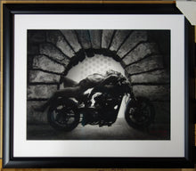 Load image into Gallery viewer, Framed with Museum Glass (non-glare) Hellcat at the Pitti - Nude Man on Confederate Hellcat Motorcycle Mature Original Charcoal Drawing from Florence, Italy