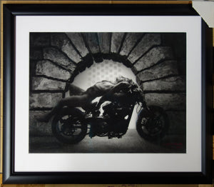 Framed with Museum Glass (non-glare) Hellcat at the Pitti - Nude Man on Confederate Hellcat Motorcycle Mature Original Charcoal Drawing from Florence, Italy