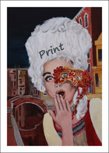 Carica l'immagine nel visualizzatore di Gallery, Oops Venice Italy Costume and Mask Fine Art PRINT of Painting Surprised Woman PAINTING Canal Oops! Venezia Casanova Grand Ball Menu Cover 2020