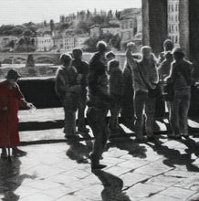 Cargar imagen en el visor de la galería, Detail Ponte Vecchio Florence Italy Bridge People Beggar Woman Backlit Scene Tuscany Fine Art PRINT Begging Woman Tourist Print