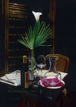 Carica l'immagine nel visualizzatore di Gallery, A Night's Promise Home Table Setting for TWO Wine Transparent glass Palm Romantic - ORIGINAL Pastel Drawing Black Paper