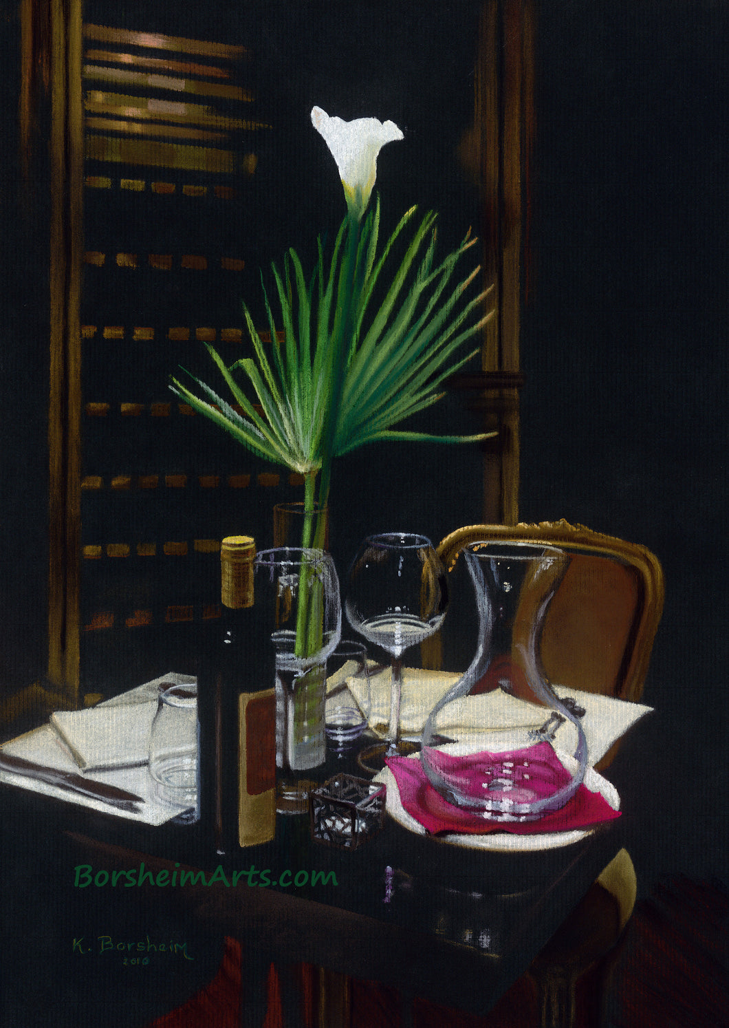 A Night's Promise Home Table Setting for TWO Wine Transparent glass Palm Romantic - ORIGINAL Pastel Drawing Black Paper