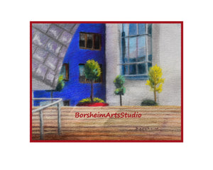 red inner white outer mat digital download Guggenheim Bilbao Colorful shapely architecture blue and trees full art image