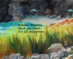 8 x 10 proportion Rusalka Bulgaria Seaside Grasses Landscape Painting of Beach Resort Black Sea Golden Green Grasses Teal waters Digital Download Pastel Art