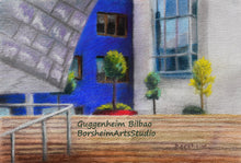 Load image into Gallery viewer, Guggenheim Bilbao Colorful shapely architecture blue and trees full art image
