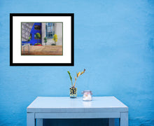 Load image into Gallery viewer, Shown in blue room Guggenheim Bilbao Colorful shapely architecture blue and trees full art image Framed Example
