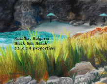 Laden Sie das Bild in den Galerie-Viewer, Rusalka Bulgaria Seaside Grasses Landscape Painting of Beach Resort Black Sea Golden Green Grasses Teal waters Digital Download Pastel Art