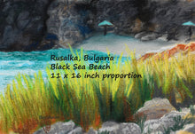 Laden Sie das Bild in den Galerie-Viewer, Rusalka Bulgaria Seaside Grasses Landscape Painting of Beach Resort Black Sea Golden Green Grasses Teal waters Digital Download Pastel Art