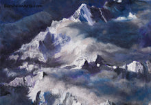 Load image into Gallery viewer, The Alps Landscape Painting Detail Mountain Peaks Soft clouds spill over the pointed peaks in a color combination of purple, blue, and orange.