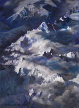 Load image into Gallery viewer, The Alps Landscape Painting Winter I chose to paint the Alps Mountain Peaks starting with a bright purple as a campitura on the canvas. Then took a palette knife of white paint to spread on some triangles, building up texture. Soft clouds spill over the pointed peaks in a color combination of purple, blue, and orange.
