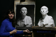 Cargar imagen en el visor de la galería, Artist Kelly Borsheim puts the finishing touching to her charcoal and pastel drawing from a plaster cast of Niccolo' da Uzzano, colleague of the Renaissance Medici family in Florence, Italy.