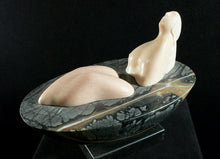 Load image into Gallery viewer, Mother Earth Figure sculpture of woman looking to the heavens, Portuguese rose marble figure with Picasso marble bath oval on a square granite base.  Land 2006 stone sculpture by Vasily Fedorouk