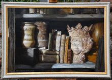 Carica l'immagine nel visualizzatore di Gallery, Queen of the Shelf Books Realism Original Still Life Oil Painting Framed with White distressed wood and gold inner lining