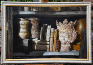 Queen of the Shelf Books Realism Original Still Life Oil Painting Framed with White distressed wood and gold inner lining