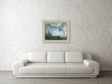 Load image into Gallery viewer, example of a framed print hung over a white couch.  Tasmania in the Clouds, landscape painting of trees in Southern Australia