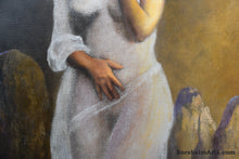 Laden Sie das Bild in den Galerie-Viewer, Detail Torso Pandora Silver Dress Curiosity of Pandora - Painting of God Hermes and the Box Greek Mythology