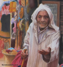 Load image into Gallery viewer, Detail Old man face and hand asking for money The Beggar Essaouira Morocco Passages Exhibition Pastel Art
