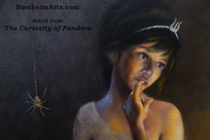 Detail Pandora Face and Spider Curiosity of Pandora - Painting of God Hermes and the Box Greek Mythology