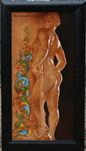 Laden Sie das Bild in den Galerie-Viewer, 32 x 16 inches before frame, full view in frame of Florentia Painting of Woman Sculpture Florentine Calligraphy Sidelit